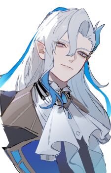 1boy ascot blue_hair closed_mouth commentary_request cropped_shoulders eyelashes genshin_impact grey_eyes highres kikiloadv lapels long_hair male_focus multicolored_hair neuvillette_(genshin_impact) notched_lapels portrait simple_background solo streaked_hair white_ascot white_background white_hair