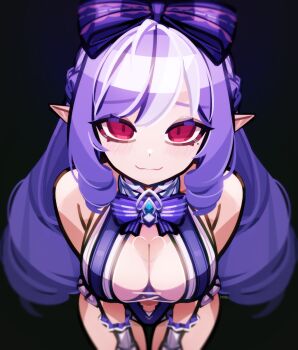 1girl :3 black_background blush bow breasts cleavage closed_mouth commentary_request gloves hair_bow highres large_breasts long_hair looking_at_viewer makaroll mole mole_under_eye multicolored_hair navel official_alternate_costume one-piece_swimsuit pointy_ears purple_bow purple_hair simple_background smile solo streaked_hair swimsuit thighs vivian_banshee vivian_banshee_(iris_of_the_shore) white_gloves white_hair zenless_zone_zero