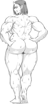 1girl 2023 angry ass ass_focus back backboob breasts collarbone commentary commission completely_nude earrings elf-san_wa_yaserarenai. english_commentary fang fang_out female_focus from_behind full_body gutsbro14 hands_on_own_hips highres horns huge_ass jewelry kneepits large_breasts looking_at_viewer looking_back muscular muscular_female muscular_legs nude oga_(elf-san_wa_yaserarenai.) oni shadow short_hair shoulder_blades simple_background skin-covered_horns solo standing tall_female thick_thighs thighs wet white_background