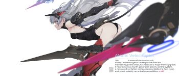 1girl absurdres akefumi artist_name black_leotard blurry blurry_foreground breasts commentary english_text floating_hair from_side grey_hair highres leaning_forward leotard long_hair looking_ahead mechanical_arms medium_breasts original qr_code science_fiction simple_background solo strapless strapless_leotard very_long_hair white_background yellow_eyes