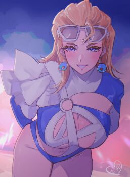 1girl absurdres arms_behind_back blonde_hair blue_eyes blush breasts cleavage commentary earrings english_commentary eyewear_on_head grin highres jewelry kokomi_(aniesuakkaman) large_breasts long_hair looking_at_viewer marvel marvel_rivals navel official_alternate_costume smile solo sue_storm sue_storm_(azure_shade) sunglasses swimsuit
