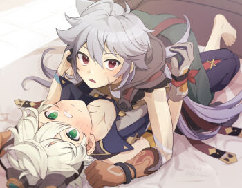 2021 2boys artist_name barefoot bennett_(genshin_impact) bishounen blush dated double-parted_bangs eyewear_on_head fang fang_out genshin_impact gloves highres interrupted looking_at_viewer lying male_focus multiple_boys on_back on_bed pants razor_(genshin_impact) reijiro straddling yaoi