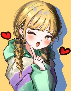 Rule 34 | 1girl, ;d, absurdres, blonde hair, blush, braid, commentary request, finger to cheek, fujita kotone, gakuen idolmaster, heart, highres, idolmaster, jacket, long hair, looking at viewer, multicolored jacket, one eye closed, open mouth, redeyes yuio, smile, solo, sweatdrop, twin braids, upper body, yellow background, yellow eyes