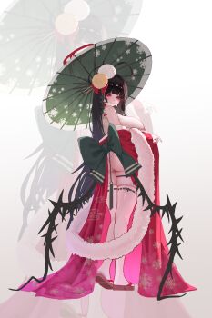 1girl alternate_costume antenna_hair ass back_bow black_hair black_wings blood blood_halo blue_archive blush bow breasts closed_mouth commentary_request egasumi feather_boa green_bow hair_ornament half-closed_eyes halo heel_up highres huge_breasts japanese_clothes kimono korean_commentary liquid_halo long_hair looking_at_viewer low_wings musclexm oil-paper_umbrella panties print_kimono red_eyes red_halo red_kimono ribbon-trimmed_thighhighs ribbon_trim sandals skindentation smile snowflake_print standing thigh_strap thighhighs tsurugi_(blue_archive) umbrella underwear very_long_hair white_panties white_thighhighs wings zoom_layer