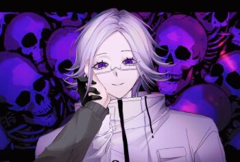 2boys aotsuki_eito bone breast_pocket glasses grey_hair hand_grab hand_on_another's_face jacket letterboxed looking_at_viewer male_focus multiple_boys outside_border pocket pov pov_hands purple_eyes short_hair skull smile solo_focus sumino_takumi the_hundred_line_-last_defense_academy- upper_body variant_set white_jacket yan_(9002532944)