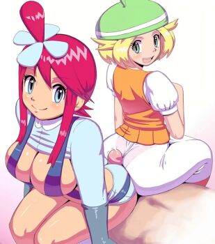1boy 2girls ai-assisted ai-generated animated animated_gif apostle_(artist) ass ass-to-ass ass_press ass_shake between_buttocks bianca_(pokemon) breasts buttjob buttjob_over_clothes cleavage cooperative_buttjob gloves hat large_breasts multiple_girls nintendo pokemon pokemon_bw skyla_(pokemon) teamwork_(sexual) third-party_edit