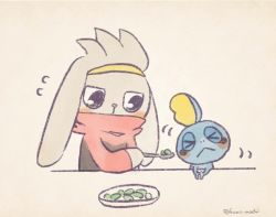 >_< animal_ears animated beans closed_eyes feeding gen_8_pokemon holding holding_spoon looking_at_another nintendo no_humans pink_background pokemon rabbit_ears raboot shaking_head sobble spoon table upper_body video