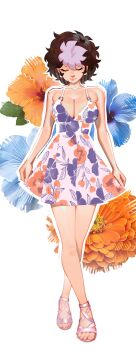 Rule 34 | 1girl, absurdres, bare shoulders, blue flower, border, breasts, brown hair, censored, censored feet, cleavage, closed eyes, collarbone, dress, earrings, feet, floral print, floral print dress, flower, full body, grey nails, grey sandals, highres, jewelry, l4wless, large breasts, lips, multicolored hair, nail polish, orange flower, original, pink hair, pleated dress, print dress, sandals, short dress, solo, standing, strappy heels, streaked hair, toenail polish, toenails, toes, white background, white border