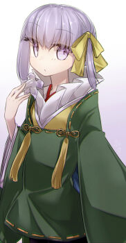 1girl breasts commentary_request fate/extra fate/extra_ccc fate/extra_ccc_fox_tail fate_(series) flower green_kimono hair_ribbon highres japanese_clothes kazuradrop_(fate) kazuradrop_(fate/extra) kimono long_sleeves looking_at_viewer purple_eyes purple_hair ribbon short_hair small_breasts solo tassel wide_sleeves yellow_ribbon yubeshi_(zecxl)