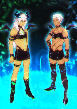 2boys archer_(fate) bad_id bad_pixiv_id boots changye cosplay crossdressing crossdressing_(mtf) dark-skinned_male dark_skin demon_wings fastener fate/apocrypha fate/grand_order fate/stay_night fate_(series) high_heels knee_boots kneesocks_(psg) kneesocks_(psg)_(cosplay) leather long_hair male_focus midriff miniskirt multiple_boys panty_&amp;_stocking_with_garterbelt revealing_clothes scanty_(psg) scanty_(psg)_(cosplay) siegfried_(fate) skirt voice_actor_connection white_hair wings