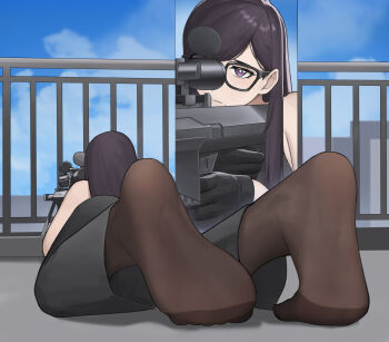 absurdres anti-materiel_rifle barrett_m82 black_gloves black_hair black_pantyhose black_tank_top check_copyright copyright_request feet foot_focus glasses gloves gun highres looking_at_another lying minakata_hizuru pantyhose pantyhose_under_pants purple_eyes rifle rooftop sa-baaa scope see-through_clothes see-through_legwear see-through_pantyhose sniper_rifle soles summertime_render tank_top toe_scrunch toes weapon