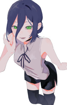 1girl absurdres armpits bare_shoulders black_ribbon black_shorts black_thighhighs breasts chainsaw_man chazuke collared_shirt green_eyes hair_between_eyes highres long_bangs long_hair_between_eyes looking_at_viewer neck_ribbon parted_lips purple_hair reze_(chainsaw_man) ribbon shirt shorts simple_background small_breasts smile solo thighhighs white_shirt zettai_ryouiki