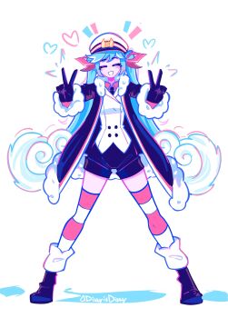 1girl absurdres black_boots black_coat black_gloves black_necktie black_shorts blush boots buttons closed_eyes coat commentary dizzyisdizzy double-breasted double_v english_commentary facing_viewer full_body fur-trimmed_coat fur_trim gloves hair_ribbon hat hatsune_miku heart highres jacket legs_apart long_hair multicolored_hair necktie open_clothes open_coat open_mouth outstretched_arms peaked_cap red_ribbon red_thighhighs ribbon shorts simple_background smile solo standing striped_clothes striped_thighhighs thighhighs twintails v variant_set very_long_hair vocaloid white_background white_hair white_hat white_jacket white_mouth yuki_miku yuki_miku_(2022)