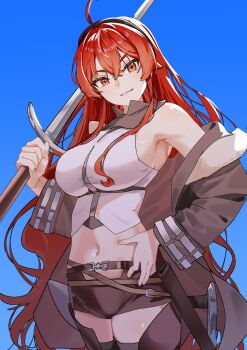 1girl ahoge belt black_boots black_hairband black_jacket black_shorts black_thighhighs blue_background boots breasts closed_mouth commentary_request cowboy_shot cropped_shirt crossed_bangs eris_greyrat fur-trimmed_jacket fur_trim gradient_background hair_between_eyes hairband hand_on_own_hip highres holding holding_sword holding_weapon jacket large_breasts long_hair long_sleeves looking_at_viewer mijinko_(mjkondoria) multiple_belts mushoku_tensei navel off_shoulder red_eyes red_hair shirt short_shorts shorts sleeveless sleeveless_shirt solo sword thigh_boots thighhighs very_long_hair weapon white_shirt