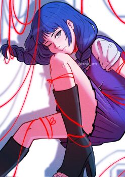 1girl blue_hair boots boruto:_two_blue_vortex braid breasts commentary corrupted_twitter_file dress film_grain from_side frown head_on_knee head_rest high_heel_boots high_heels highres kakei_sumire knee_boots looking_at_viewer low_twin_braids medium_breasts naruto_(series) one_eye_closed open-toe_boots pleated_dress purple_dress purple_eyes red_ribbon ribbon rozan_arts short_dress solo twin_braids twitter_username