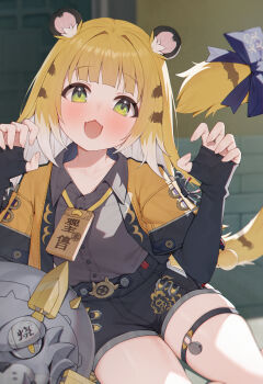 1girl :d absurdres animal_ears black_shorts blonde_hair bow claw_pose elbow_gloves fangs fingerless_gloves gloves green_eyes highres hu_wei_(zenless_zone_zero) jacket ju_fufu loli long_hair open_clothes open_jacket open_mouth shorts sitting smile solo tail tail_bow tail_ornament thigh_strap tiger_ears tiger_tail toki_(1243309499) white_hair yellow_jacket zenless_zone_zero