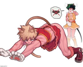 2boys absurdres animal_ear_fluff animal_ears bakugou_katsuki blonde_hair blush boku_no_hero_academia cat_ears cat_stretch cat_tail cosplay crossdressing crossdressing_(mtf) dekudash embarrassed full-face_blush fur-trimmed_skirt fur_trim green_hair hand_on_own_crotch highres male_focus mandalay_(boku_no_hero_academia) mandalay_(boku_no_hero_academia)_(cosplay) midoriya_izuku midriff multiple_boys navel no_panties protected_link ragdoll_(boku_no_hero_academia) ragdoll_(boku_no_hero_academia)_(cosplay) scar scar_on_arm short_hair simple_background skirt spiked_hair standing stretching tail thighs twitter_username white_background