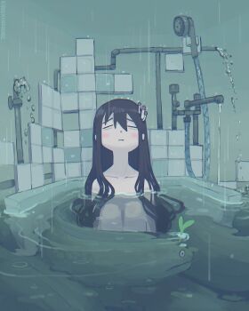 1girl artist_name bathtub black_hair blush closed_eyes closed_mouth collarbone completely_nude fog food food_on_head highres hose industrial_pipe knees kurohanenone leaking long_hair moray_eel mushroom mushroom_on_head nude object_on_head outdoors partially_submerged rain ripples shimeji_simulation shower_head sprout tiles tsukishima_shijima very_long_hair water water_drop worried