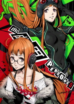 1girl adjusting_eyewear ahoge arms_up bare_shoulders black_bodysuit bodysuit breasts copyright_name covered_navel dual_persona floating_hair fur-trimmed_jacket fur_trim glasses goggles goggles_on_head green_jacket hair_spread_out hand_on_eyewear highres jacket long_hair looking_at_viewer off-shoulder_shirt off_shoulder oracle_(persona_5) orange_hair parted_lips persona persona_5 purple_eyes sakura_futaba shirt signature skin_tight small_breasts tomoe0812y white_shirt