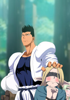 1boy 3girls absurdres black_hair blindfold blonde_hair blue_shirt blurry blurry_background blush boots bound bound_wrists brown_boots carrying carrying_person carrying_under_arm charka closed_mouth commentary_request covered_eyes crossover curtained_hair dungeon_meshi elf elf_wo_karu_mono-tachi forest frieren frown goblin_slayer! green_hair hands_up high_elf_archer_(goblin_slayer!) highres jacket long_neck marcille_donato multiple_crossover multiple_girls nature open_clothes open_jacket pants pointy_ears ryuzouji_junpei shirt sousou_no_frieren spiked_hair trait_connection white_jacket white_pants