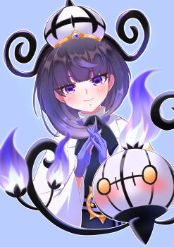 1girl absurdres black_dress black_hair black_ribbon blunt_bangs blush chandelure closed_mouth coat commentary_request cropped_torso dress gen_5_pokemon gloves gwynn_(pokemon) hands_up hat highres kuma_king long_hair long_sleeves neck_ribbon nintendo open_clothes open_coat own_hands_together partially_fingerless_gloves pokemon pokemon_(creature) pokemon_legends:_z-a purple_eyes purple_gloves ribbon smile white_coat