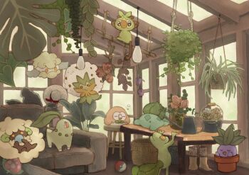 amano_sizuku basket berry_(pokemon) boots bucket bulbasaur ceiling_light chikorita commentary cottonee couch eldegoss flower_pot gen_1_pokemon gen_2_pokemon gen_3_pokemon gen_5_pokemon gen_7_pokemon gen_8_pokemon grookey hanging_plant hat hat_ribbon highres indoors nintendo no_humans oddish on_couch pecha_berry poke_ball pokemon pokemon_(creature) red_ribbon ribbon rowlet sleeping standing stool straw_hat sunroof table treecko watering_can whimsicott window