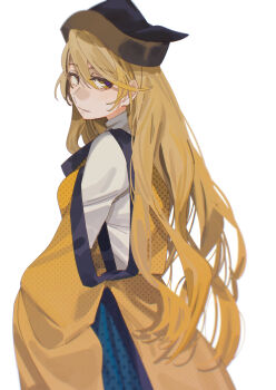 1girl absurdres black_hat blonde_hair blue_skirt breasts closed_mouth commentary_request cowboy_shot detached_sleeves from_side hair_between_eyes half-closed_eyes hat highres long_hair long_sleeves looking_at_viewer matara_okina medium_breasts orange_sleeves orange_tabard polka_dot polka_dot_skirt shi_chimi shirt simple_background skirt smile solo standing tabard touhou turtleneck turtleneck_shirt white_background white_shirt wide_sleeves yellow_eyes