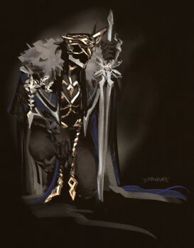 1boy absurdres black_cape black_hair black_helmet black_pants black_shirt black_theme cape capitano_(genshin_impact) commentary drag00ni english_commentary fur-trimmed_cape fur_trim genshin_impact gold_trim helmet highres holding holding_sword holding_weapon kneeling long_hair male_focus pants planted planted_sword planted_weapon shirt solo sword weapon