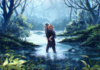 Rule 34 | 1boy, 1girl, ahoge, bare tree, belt, black belt, black boots, black coat, black jacket, black pants, black shorts, blurry, boots, branch, carrying, carrying person, chromatic aberration, closed mouth, coat, collared coat, commentary request, depth of field, dress, fate/grand order, fate (series), forest, from side, fujimaru ritsuka (female), fujimaru ritsuka (female) (decisive battle chaldea uniform), grass, grey hair, hair between eyes, hand on another's shoulder, highres, jacket, knee boots, long sleeves, looking ahead, looking back, medium hair, nature, open clothes, open coat, orange hair, outdoors, pants, piggyback, popped collar, ripples, saitou hajime (fate), saitou hajime (first ascension) (fate), scenery, shirt, short hair, shorts, shorts under dress, standing, tree, two-sided coat, two-sided fabric, uni (nico02), wading, water, white dress, white shirt, wide shot, yellow eyes