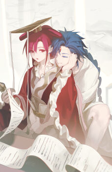 1boy 1girl absurdres aladdin_(magi) blue_hair braid calligraphy_scroll chinese_commentary closed_eyes closed_mouth commentary_request frilled_robe frilled_sleeves frills gootai hand_on_another's_face head_on_another's_shoulder highres holding holding_scroll hug hug_from_behind long_hair looking_at_another magi_the_labyrinth_of_magic parted_lips red_eyes red_robe ren_kougyoku robe scroll simple_background sitting table white_background wide_sleeves
