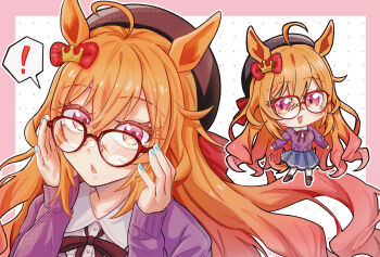 ! 1girl adjusting_eyewear ahoge alternate_costume animal_ears beret bespectacled breasts brown_eyes brown_hair casual chibi commentary_request fingernails glasses hat highres horse_ears horse_girl looking_at_viewer open_mouth portrait royal_family_(the_royal_family) sasa_no_cha simple_background solo the_royal_family_(tv_series)