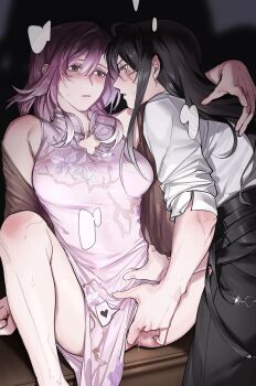 Rule 34 | 2girls, black hair, blush, breasts, collared shirt, fingering, gradient hair, highres, lezissmitozer, long hair, long sleeves, multicolored hair, multiple girls, parted lips, path to nowhere, purple hair, rahu (path to nowhere), scar, scar across eye, scar on face, shalom (path to nowhere), shirt, simple background, white hair, white shirt, yuri