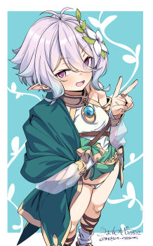 1girl absurdres blush clothes_lift commentary_request dress dress_lift elf flat_chest flower grey_hair hair_flower hair_ornament highres jewelry kokkoro_(princess_connect!) lifting_own_clothes looking_at_viewer open_mouth panties pointy_ears princess_connect! purple_eyes ring short_hair smile solo sweat umyonge_(lkakeu) underwear v white_panties