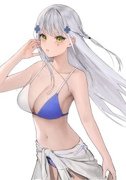 Rule 34 | 1girl, bikini, blue bikini, blush, breasts, cleavage, collarbone, corrupted twitter file, cross hair ornament, girls' frontline, green eyes, hair ornament, hand up, highres, hk416 (girls' frontline), kir (khw66136132), korean commentary, long hair, looking at viewer, multicolored bikini, navel, parted lips, sarong, simple background, solo, stomach, swimsuit, tattoo, teardrop facial mark, teardrop tattoo, two-tone bikini, wet, white background, white bikini, white sarong