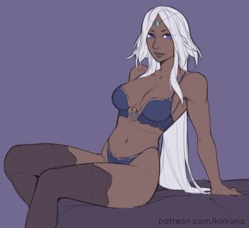 1girl arm_support bed black_thighhighs blue_bra blue_eyes blue_panties bra breasts cleavage collarbone dark_skin kalruna lingerie long_hair looking_at_viewer medium_breasts on_bed original panties sitting thighhighs underwear white_hair