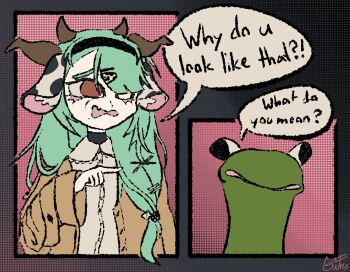 1boy 1girl animal_ear_fluff animal_ears animal_print bangs_pinned_back black_border black_hairband black_sclera blunt_bangs border brown_coat brown_eyes coat colored_sclera commentary cow_ears cow_girl cow_horns cow_print coyotecitrus crelly dice_hair_ornament english_commentary english_text gradient_background gradient_border green_hair hair_ornament hair_over_shoulder hairband hairclip halftone halftone_background horns kermit_the_frog lace-trimmed_shirt_collar long_hair long_sleeves low-tied_long_hair mismatched_eyes muppets parallel_hairclips peanut_mouth peter_pan_collar pink_background pointing raised_eyebrows shirt signature speech_bubble turtleneck vedal987 vedal_ai vrchat wall-eyed white_shirt x_hair_ornament