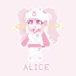 1girl alice_(nikke) alice_(sweet_home)_(nikke) animal_ear_headwear animal_print animated baseball_cap character_name chibi clothes_writing fake_animal_ears floating_headgear full_body goddess_of_victory:_nikke hair_between_eyes hair_through_headwear hat hood hood_down hoodie long_hair nemui_no_asobi official_alternate_costume pants pink_eyes pink_hair pink_hoodie pink_sleeves pink_theme pixel_art rabbit_print sidelocks solo tagme twintails two-tone_hoodie video white_hoodie winking_(animated) yoga_pants