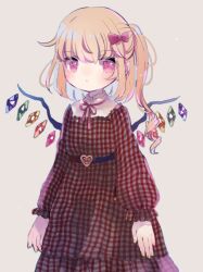 Rule 34 | 1girl, bat wings, belt, blonde hair, bow, bowtie, crystal, dress, flandre scarlet, hair bow, hat, hata no kokoro, hiyuu (hiyualice), mob cap, multicolored wings, one side up, plaid, plaid dress, puffy short sleeves, puffy sleeves, red eyes, short hair, short sleeves, side ponytail, skirt, skirt set, solo, touhou, upper body, white background, wings