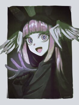 1girl :d absurdres black_dress blunt_bangs border commentary dress english_commentary eyelashes feathered_wings head_wings highres hololive hololive_english long_hair long_sleeves looking_at_viewer multicolored_hair ninomae_ina'nis open_mouth orange_hair outside_border purple_eyes purple_hair sidelocks smile solo sumosumo tentacle_hair twitter_username two-tone_hair virtual_youtuber waving white_border white_wings wings