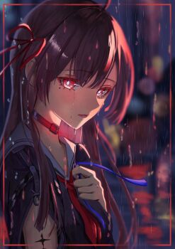 0_tsunamayo_0 1girl absurdres black_choker black_hair blurry blurry_background breasts chisa_(wuthering_waves) choker commentary crying crying_with_eyes_open hair_ribbon hand_up highres long_hair looking_at_viewer medium_breasts mole mole_under_eye neckerchief rain red_eyes red_neckerchief red_ribbon ribbon sailor_collar solo tacet_mark_(wuthering_waves) tears upper_body white_sailor_collar wuthering_waves