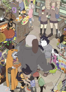 5girls 6+boys animal_ears arm_belt bag bag_charm beanie belt belt_buckle black_belt black_hair black_hat black_pants black_pantyhose black_skirt black_socks black_vest blue_bag blue_eyes blue_hat blue_skirt blue_sky blunt_ends boots bow bowtie brown_footwear brown_hair brown_pants brown_skirt brown_sweater bucket buckle candy cardigan charm_(object) child commentary_request crest dog_boy dog_ears dog_girl dog_tail festival floppy_ears food food_stand frilled_skirt frilled_sleeves frilled_vest frills full_body furry furry_female furry_male ghost_costume green_jacket grey_footwear grey_hair grey_jacket grey_socks grey_sweater hair_ornament hairclip halloween halloween_bucket halloween_costume hand_on_own_chest hat hat_belt highres holding holding_bucket hood hood_down hooded_jacket indoors jack-o'-lantern jack-o'-lantern_print jacket knee_boots kneehighs layered_sleeves leaning_forward long_hair long_sleeves miniskirt multicolored_hair multiple_belts multiple_boys multiple_girls muscular muscular_male neck_ribbon nervous_sweating object_through_head old old_man open_mouth orange_belt orange_eyes orange_shirt original own_hands_together pants pantyhose patchwork_clothes pink_cardigan plaid_clothes plaid_skirt pleated_skirt pom_pom_(clothes) pom_pom_beanie ponytail puffy_short_sleeves puffy_sleeves purple_ribbon recording red_bow red_bowtie red_hat ribbon scared scenery school_bag school_uniform screw_in_head shadow shirt shoes short_hair short_ponytail short_sleeves shoulder_bag skirt sky snout socks sweat sweater tail taracod tile_floor tiles two-tone_hair unmoving_pattern uwabaki v-neck v-shaped_eyes vest walking white_hair witch witch_hat wreath