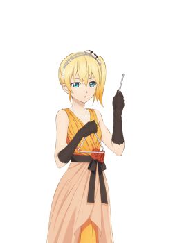 Rule 34 | 1girl, artist request, black gloves, blonde hair, blue eyes, cowboy shot, dress, edna (tales), flower, game cg, gloves, hair ornament, hairband, holding, holding instrument, instrument, jewelry, looking at viewer, necklace, official alternate costume, official art, open mouth, orange dress, red flower, red rose, rose, short hair, side ponytail, solo, tales of (series), tales of asteria, tales of zestiria, third-party source, transparent background, triangle (instrument)