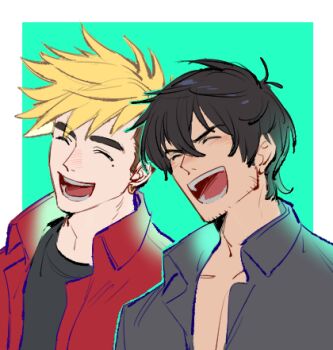 2boys ^_^ aqua_background beard_stubble black_hair black_shirt blonde_hair closed_eyes commentary_request earrings facial_hair green_background jewelry lowres male_focus mole mole_under_eye multiple_boys nicholas_d._wolfwood open_mouth raine_(acke2445) red_shirt shirt short_hair simple_background smile stubble t-shirt trigun trigun_stampede upper_body vash_the_stampede