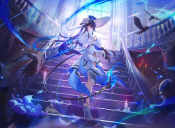 1girl absurdres black_hair breasts chowol commentary constance_(honkai:_star_rail) dress hat high_heels highres honkai:_star_rail honkai_(series) indoors large_breasts long_hair looking_at_viewer looking_back purple_eyes purple_hair shoes solo stairs white_dress white_hat white_shoes