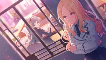 Rule 34 | 2girls, amaya tsubame, black hair, blazer, blonde hair, book, buttons, chair, desk, forehead, gakuen idolmaster, game cg, holding, idolmaster, jacket, juo sena, multicolored hair, multiple girls, necktie, official art, open book, paper, pink hair, plant, ponytail, potted plant, profile, sitting, smile, window