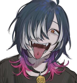 1boy blue_hair collar gradient_hair hair_over_one_eye indie_virtual_youtuber male_focus medium_hair multicolored_eyes multicolored_hair open_mouth piercing pink_eyes pink_hair portrait rit3set smile solo streaked_hair tongue tongue_out tongue_piercing white_streaks wolf_cut yagiowl