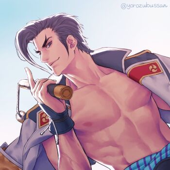 1boy abs black_hair closed_mouth collarbone cowlick forked_eyebrows highres holding holding_nunchaku holding_weapon jacket jacket_on_shoulders looking_at_viewer male_focus maxi_(soulcalibur) muscular muscular_male nunchaku open_clothes open_jacket pectorals short_hair smile solo soul_calibur soulcalibur soulcalibur_vi thick_eyebrows twitter_username veins veiny_arms weapon white_jacket yorozu