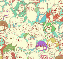alphys annoying_dog aqua_background asgore_dreemurr asriel_dreemurr asriel_dreemurr_(god_of_hyperdeath) chara_(undertale) dog everyone eyepatch flowey_(undertale) frisk_(undertale) furry furry_male ghost glasses grillby headphones mettaton mettaton_ex mettaton_neo monster monster_boy monster_girl muffet napstablook open_mouth papyrus photoshop_flowey robot shirt simple_background smile standing teeth tenya_mizuki undertale undyne undyne_the_undying utdr_(toby_fox) white_shirt