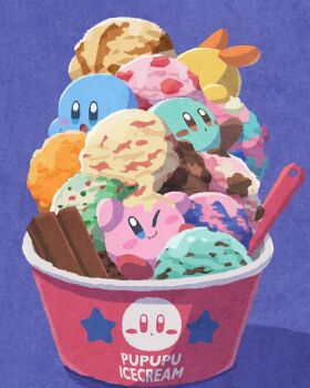 :o baskin-robbins blue_background blue_eyes brown_eyes chocolate closed_mouth commentary cup disposable_cup disposable_ice_cream_cup food food_focus highres ice_cream ice_cream_spoon in_food kirby kirby_(series) looking_at_food looking_at_viewer miclot multiple_scoops nintendo no_humans one_eye_closed open_mouth parted_lips shadow simple_background smile spoon too_many too_many_scoops upside-down
