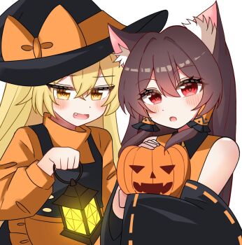 2girls alternate_color animal_ear_fluff animal_ears apron bagu_(bagubagu_cr7) black_bow black_hat black_skirt black_sleeves black_vest blonde_hair blush bow brown_hair commentary_request detached_sleeves fang frilled_hair_tubes frills hair_tubes hakurei_reimu halloween halloween_costume hat hat_bow highres holding holding_lantern jack-o'-lantern kirisame_marisa lantern long_hair long_sleeves multiple_girls open_mouth orange_apron orange_shirt red_eyes ribbon-trimmed_sleeves ribbon_trim shirt simple_background skirt smile touhou vest waist_apron white_background witch_hat wolf_ears wolf_girl yellow_eyes